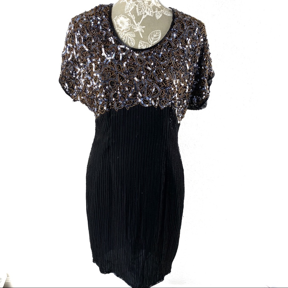 Vintage Stenay Silk Bead Sequin Cocktail Black Dress size 8 1980s